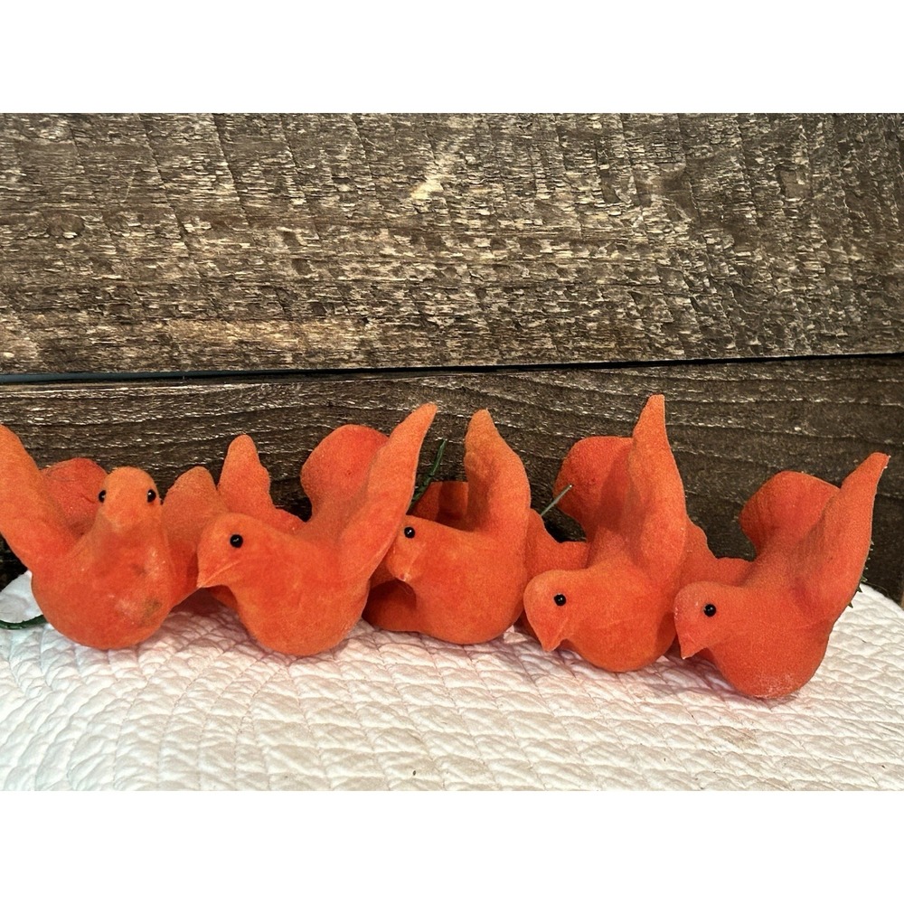 5 Vintage MCM Red Flocked Doves Birds Christmas‎ Ornaments Felted Plastic 3.75"